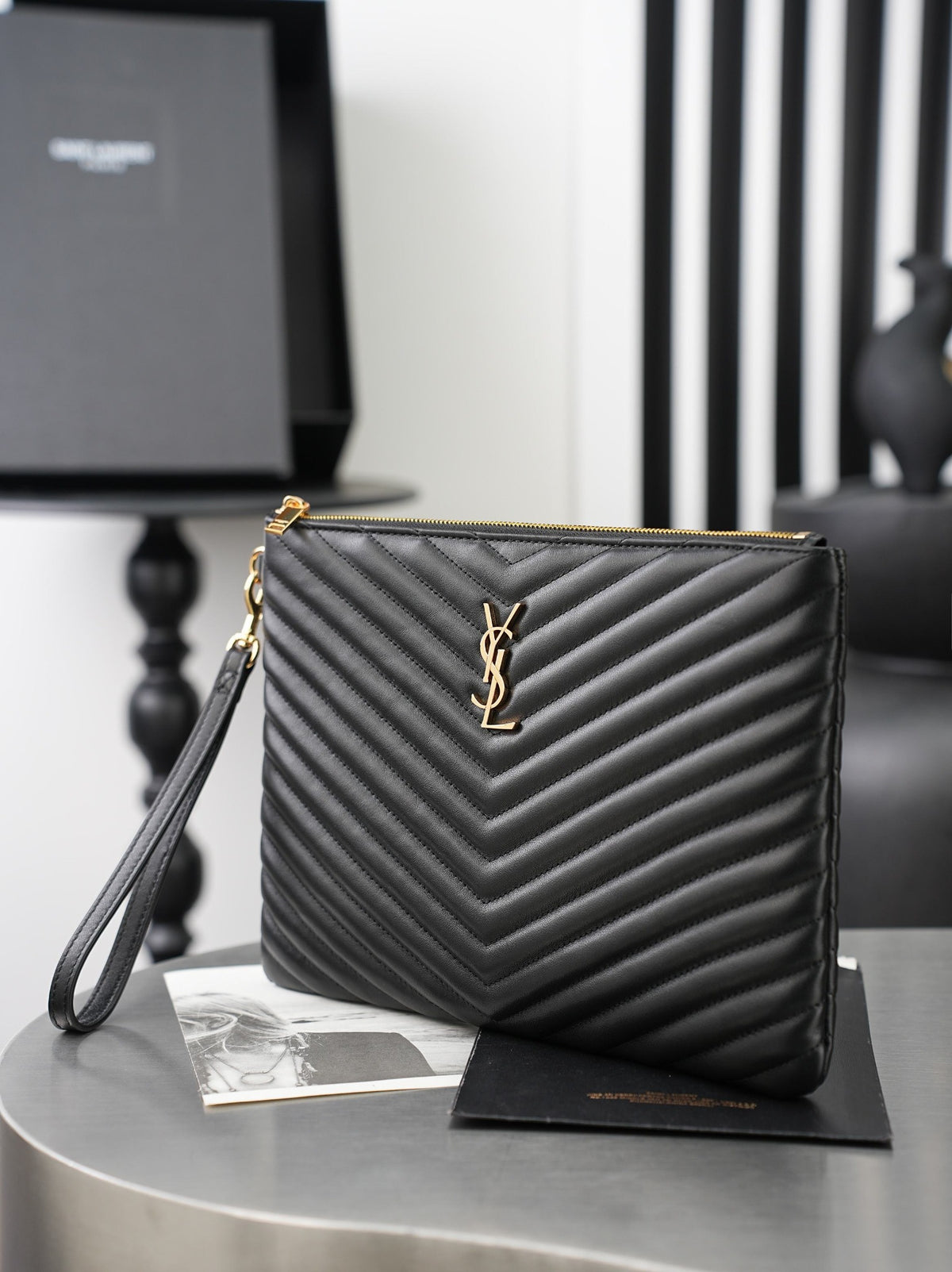 Black Cassandre Matelassé Tablet Pouch In Leather