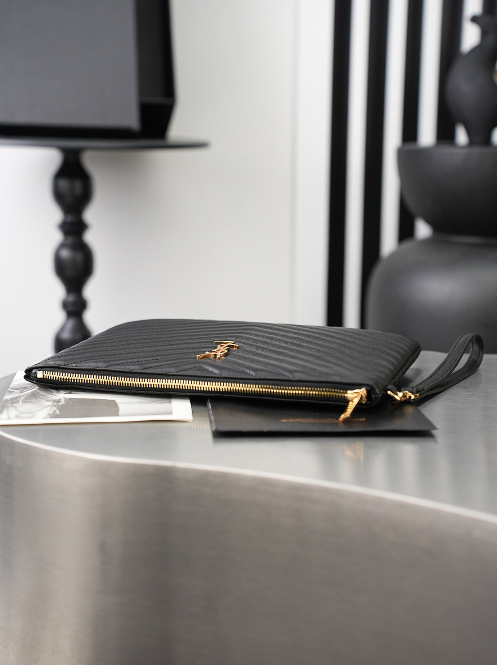 Black Cassandre Matelassé Tablet Pouch In Leather