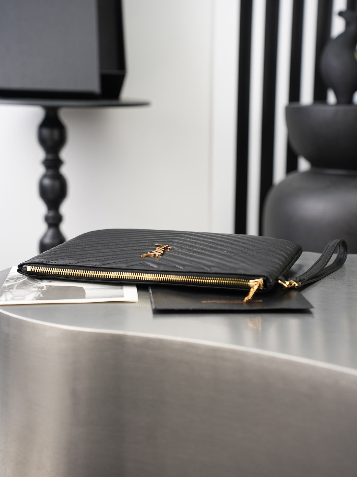 Black Cassandre Matelassé Tablet Pouch In Leather