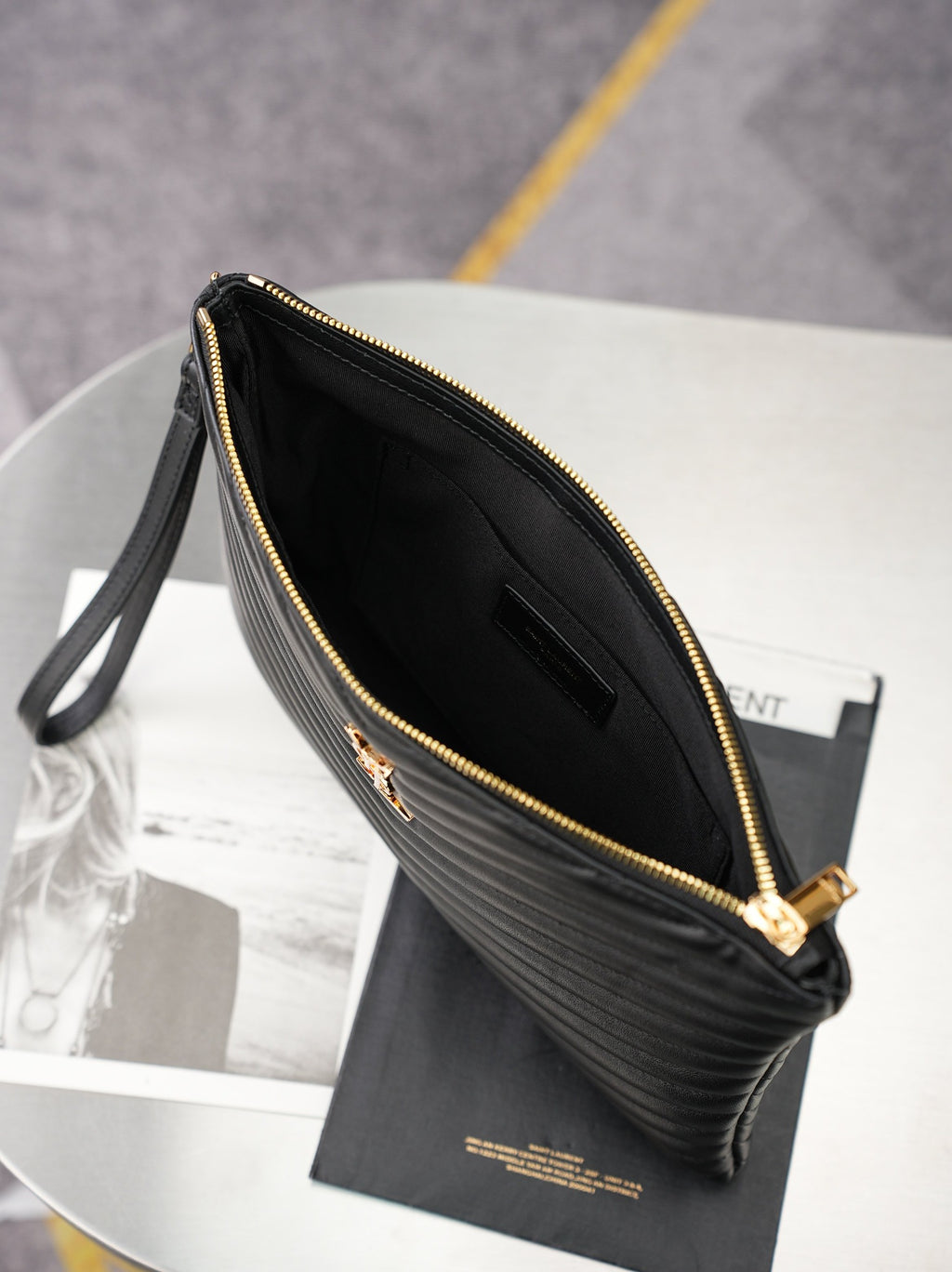Black Cassandre Matelassé Tablet Pouch In Leather