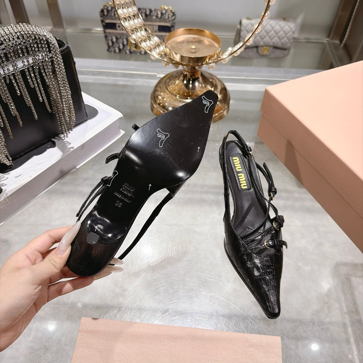Black Crocodile Embossed Calfskin Slingback Pumps - 10