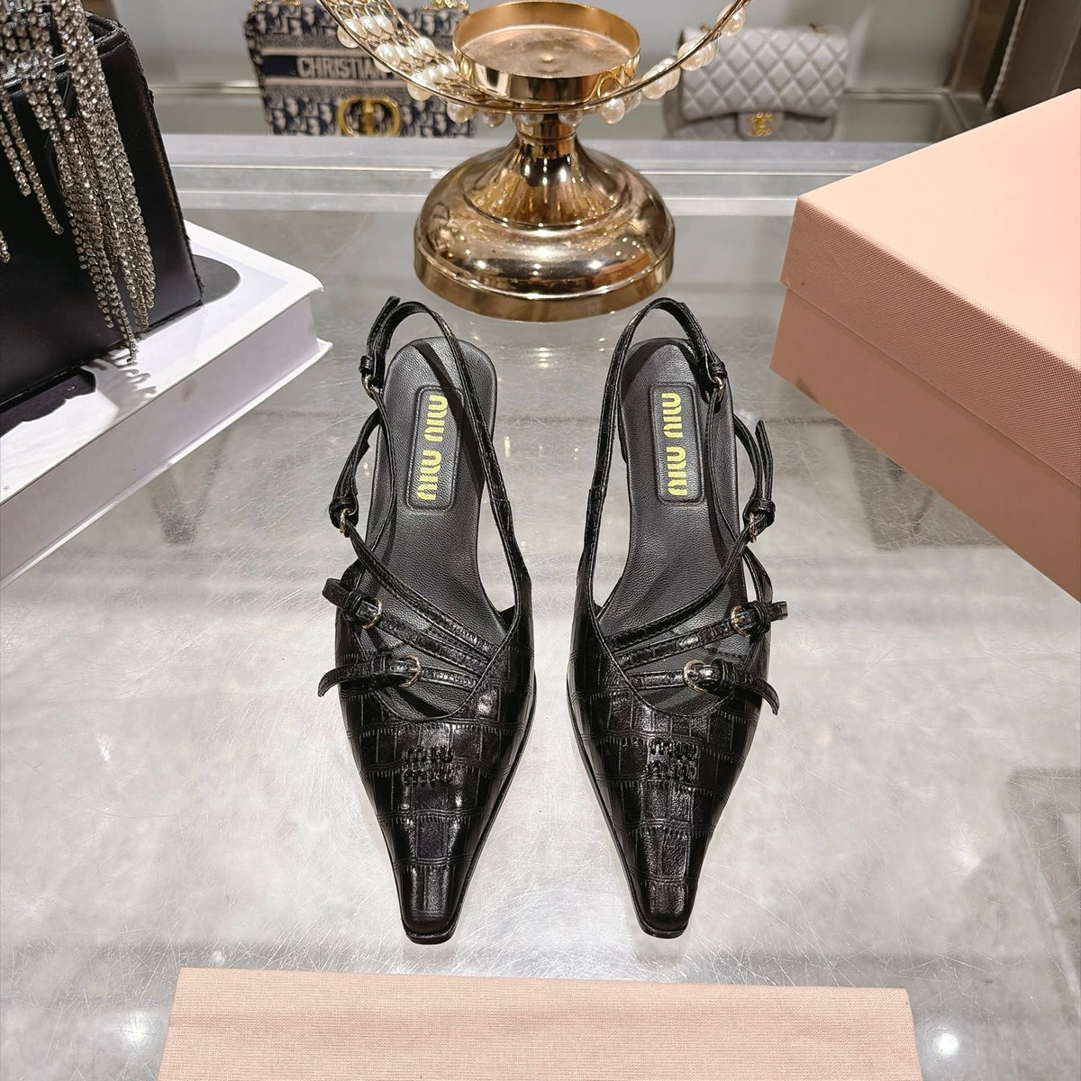 Black Crocodile Embossed Calfskin Slingback Pumps - 2