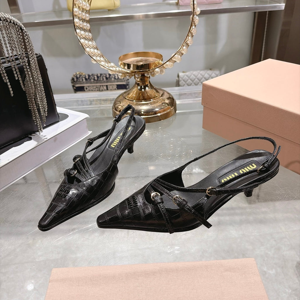 Black Crocodile Embossed Calfskin Slingback Pumps - 3