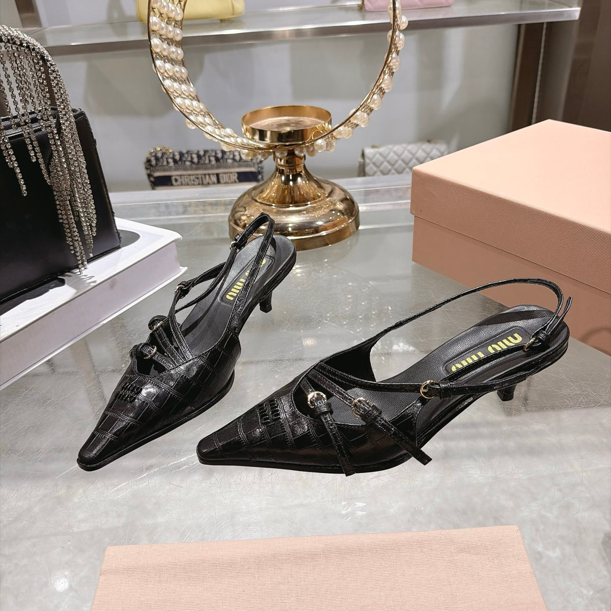 Black Crocodile Embossed Calfskin Slingback Pumps - 3
