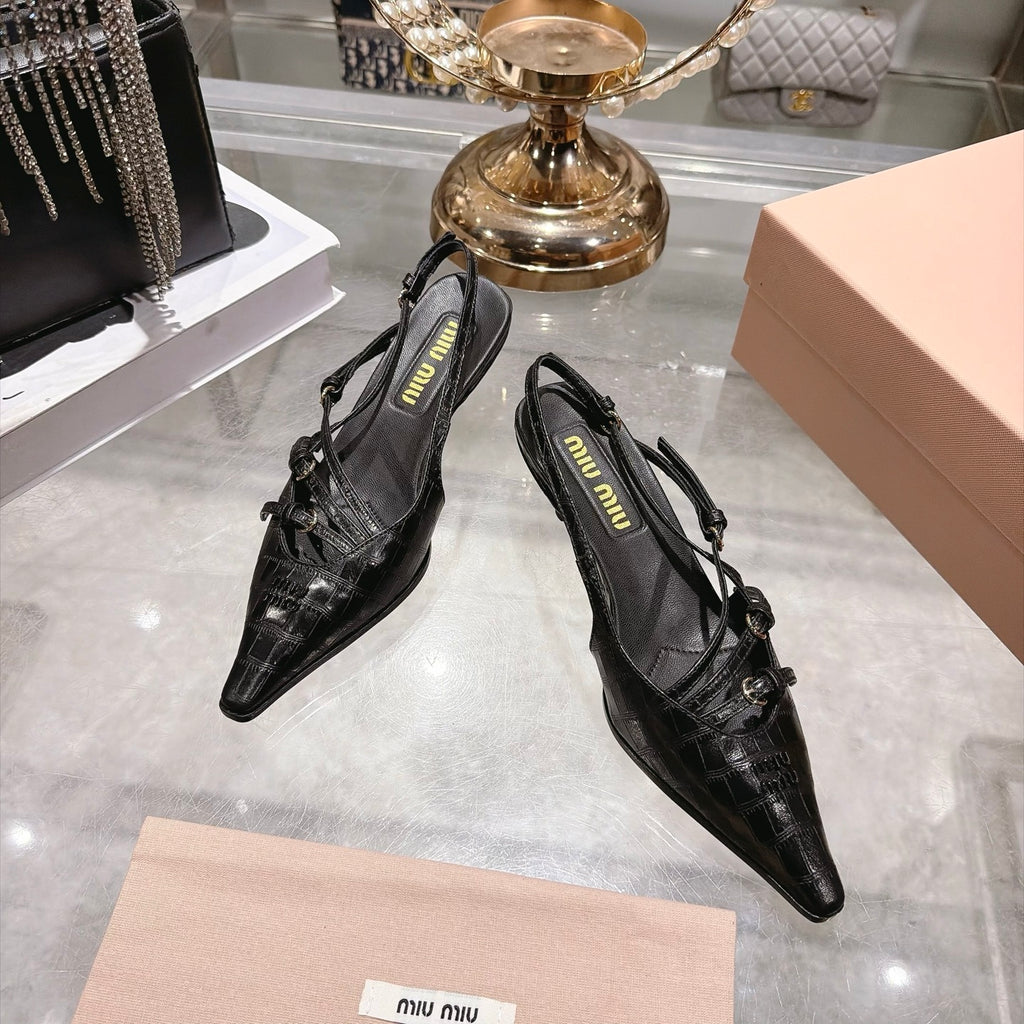 Black Crocodile Embossed Calfskin Slingback Pumps - 4