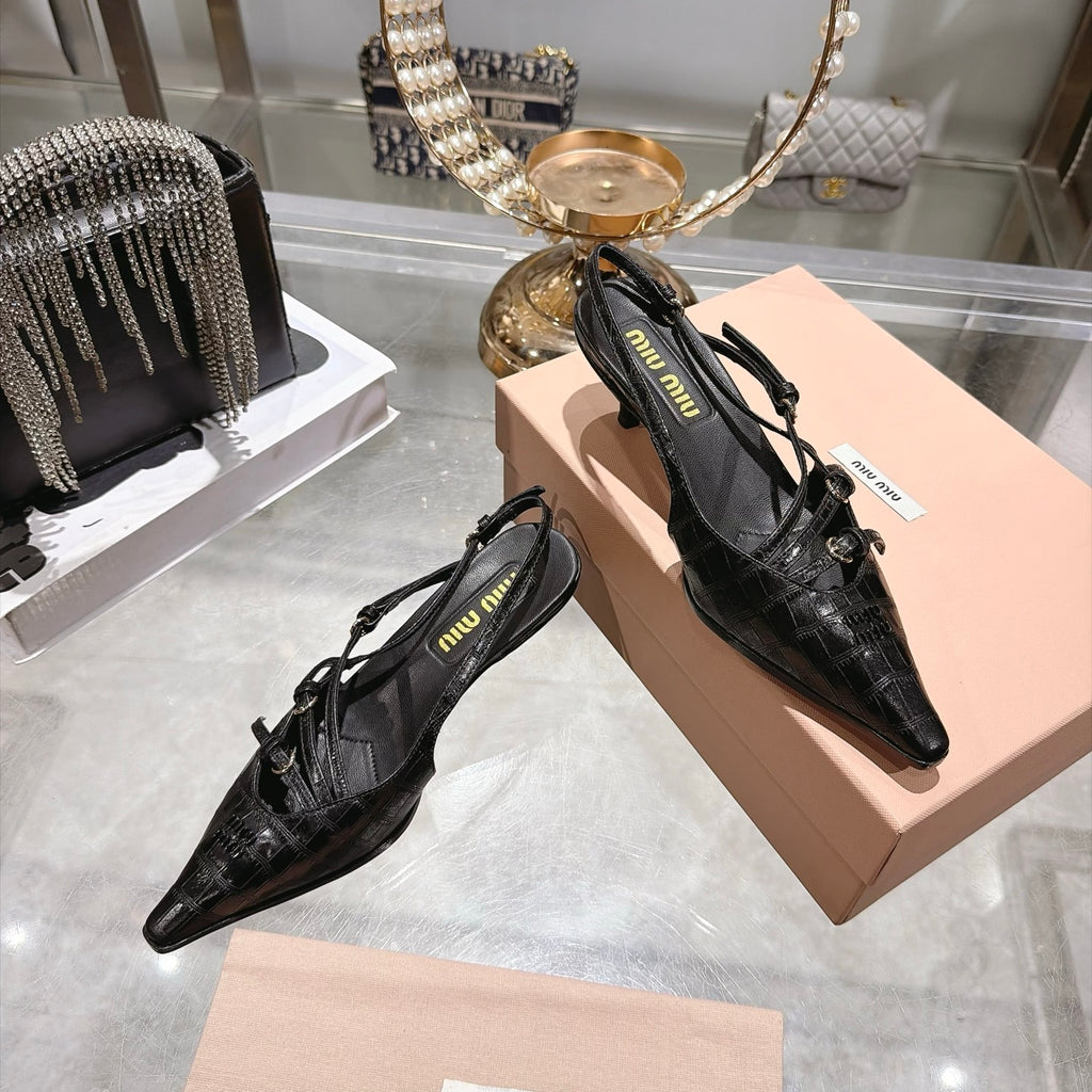 Black Crocodile Embossed Calfskin Slingback Pumps - 5