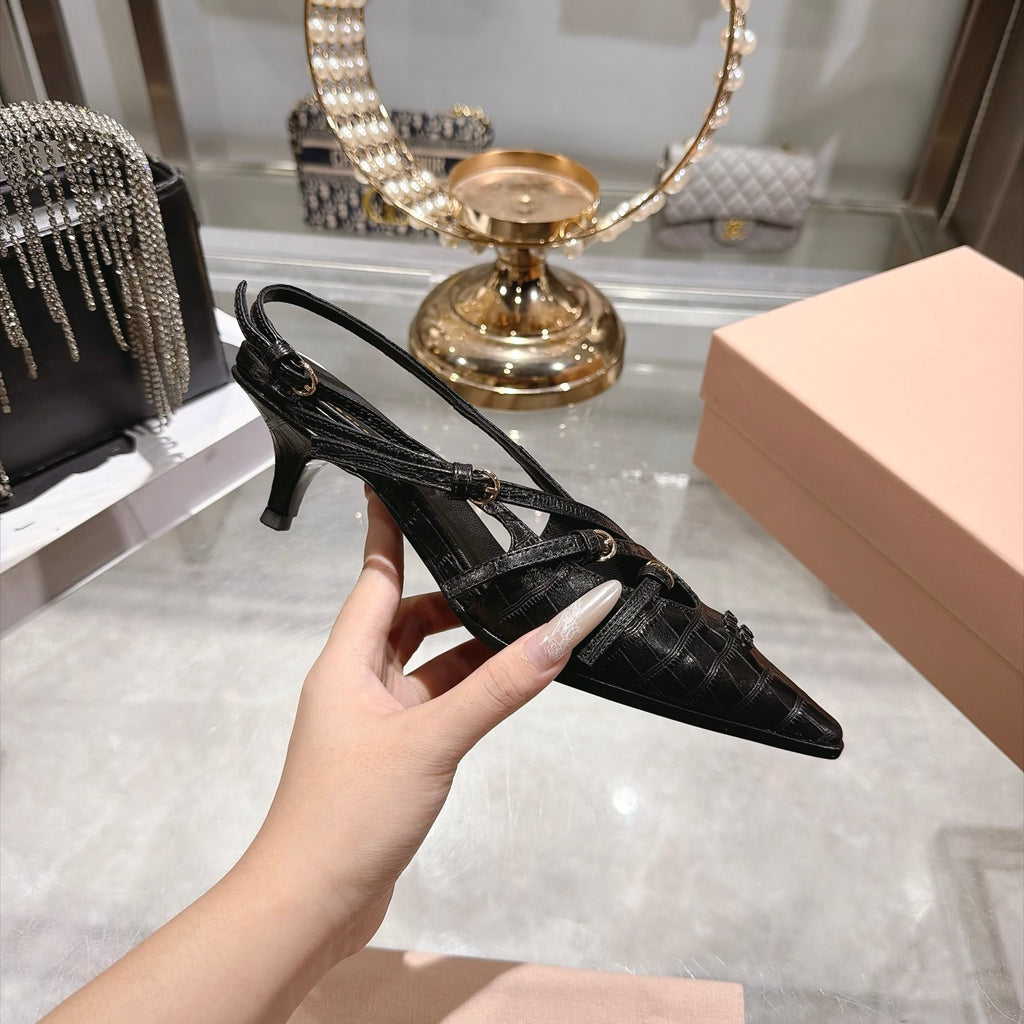 Black Crocodile Embossed Calfskin Slingback Pumps - 6