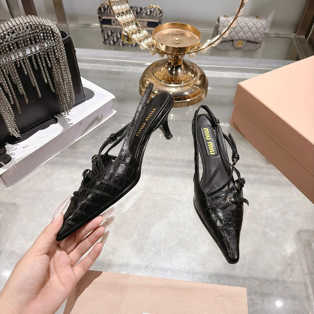 Black Crocodile Embossed Calfskin Slingback Pumps - 7