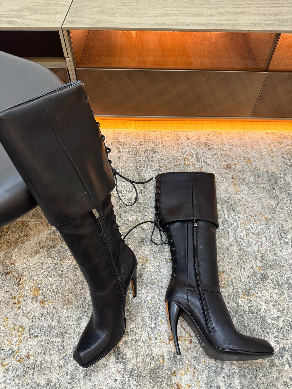 Black Horn Heel Knee-High Boot - 05