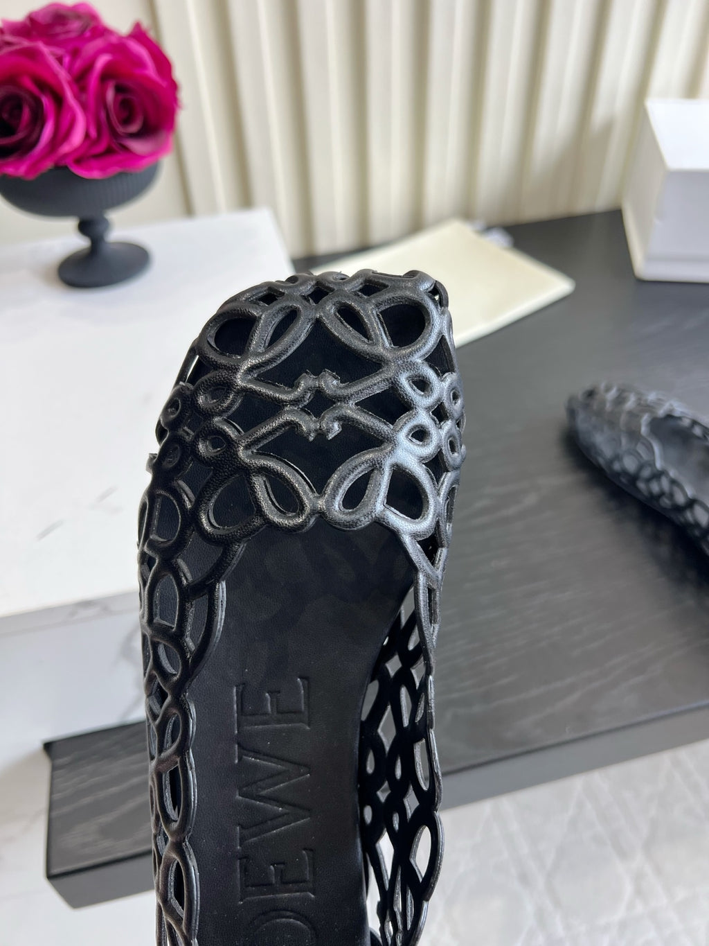 Black Petal Anagram Ballerina In Lambskin