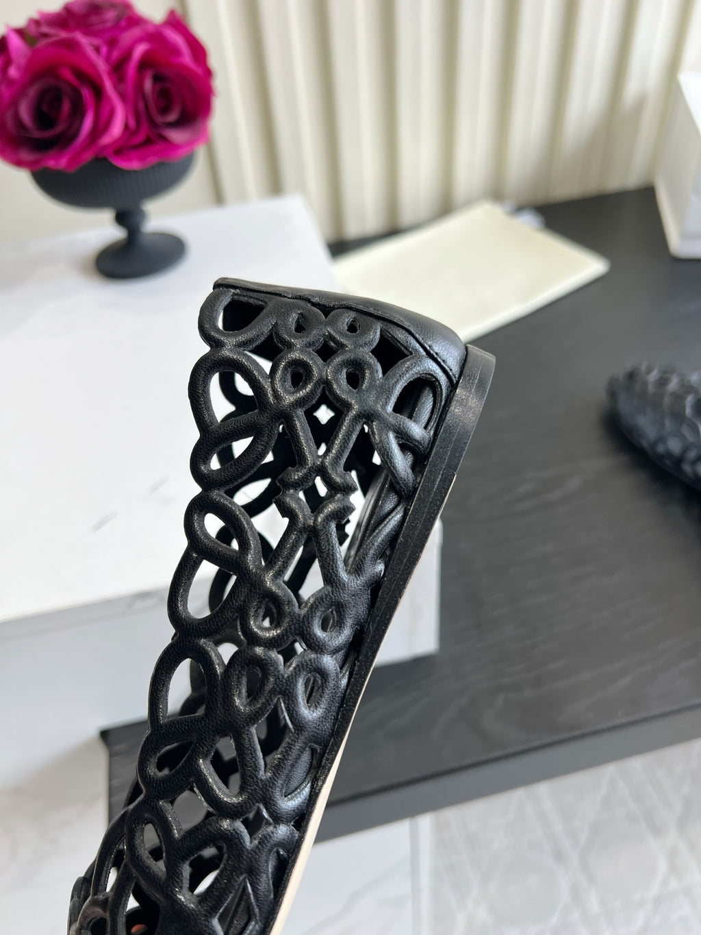 Black Petal Anagram Ballerina In Lambskin