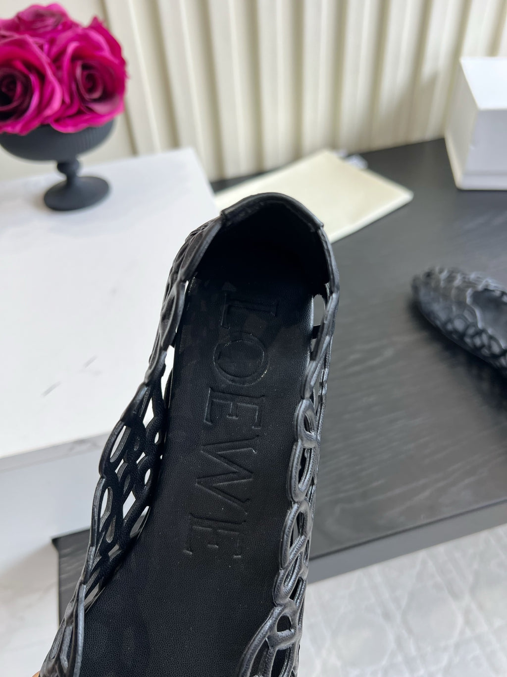 Black Petal Anagram Ballerina In Lambskin