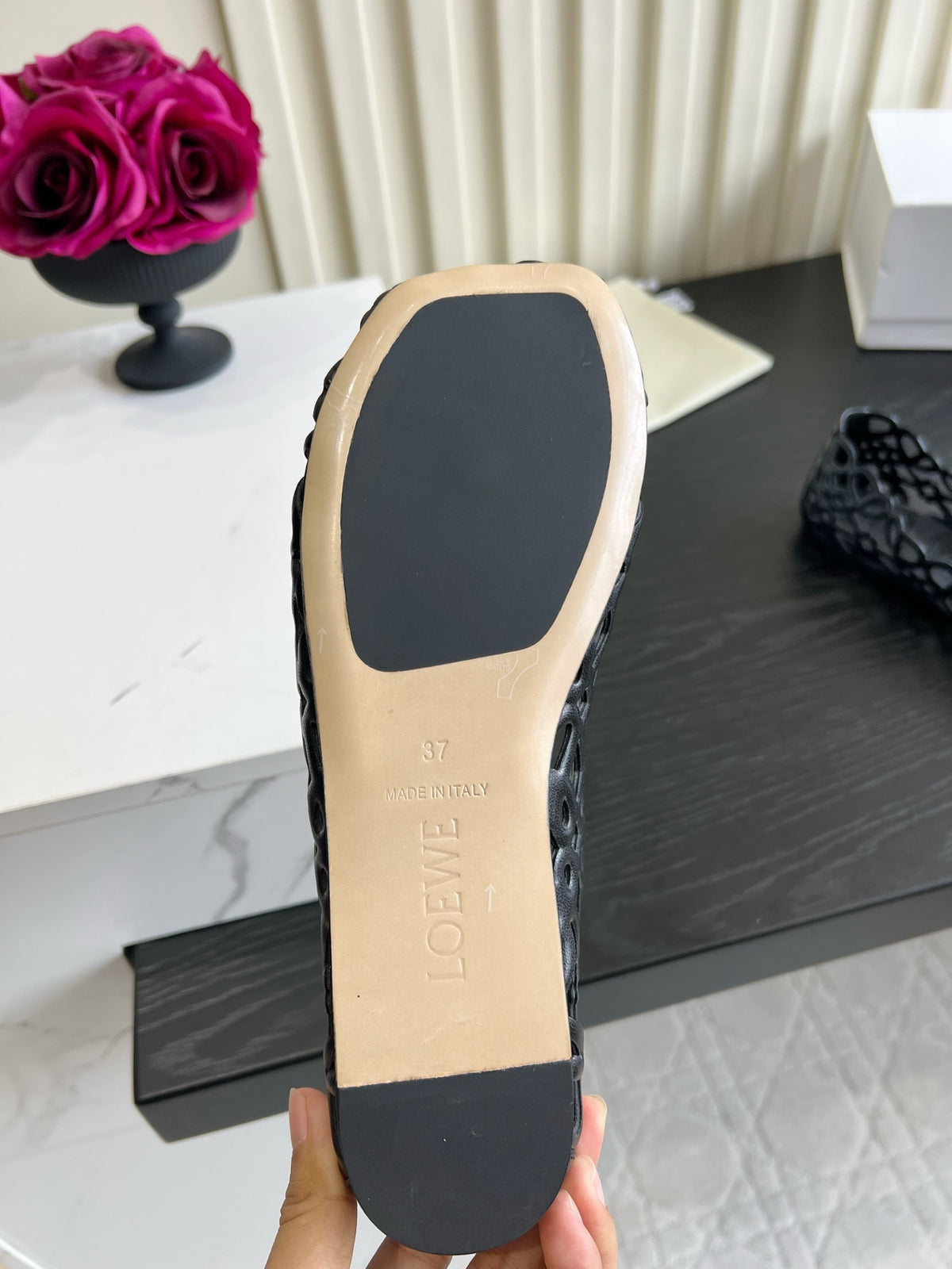 Black Petal Anagram Ballerina In Lambskin