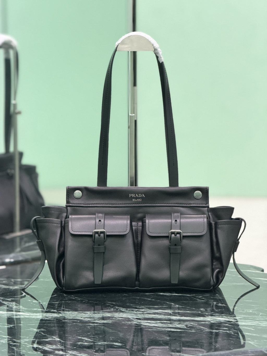 Black Prada Route Medium Leather Tote Bag 2