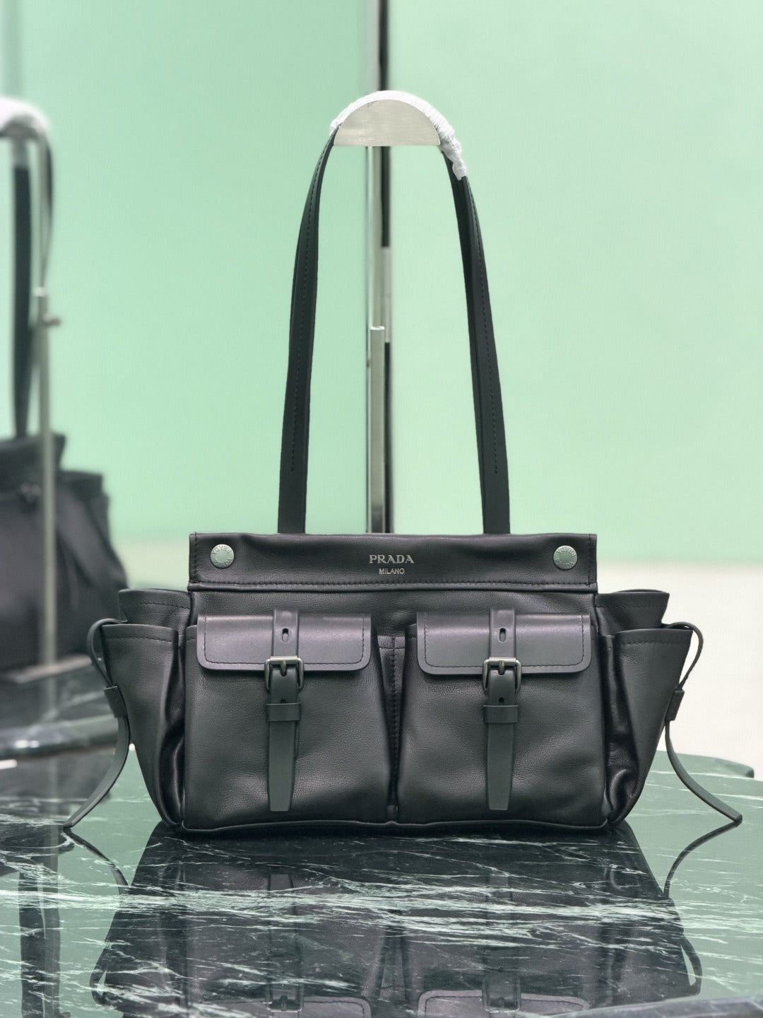 Black Prada Route Medium Leather Tote Bag 2
