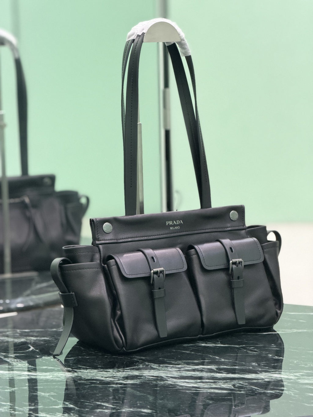 Black Prada Route Medium Leather Tote Bag 3