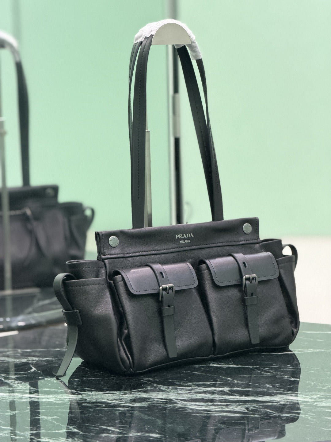 Black Prada Route Medium Leather Tote Bag 3