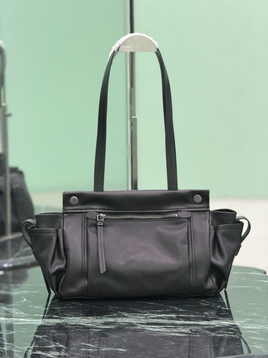 Black Prada Route Medium Leather Tote Bag 4