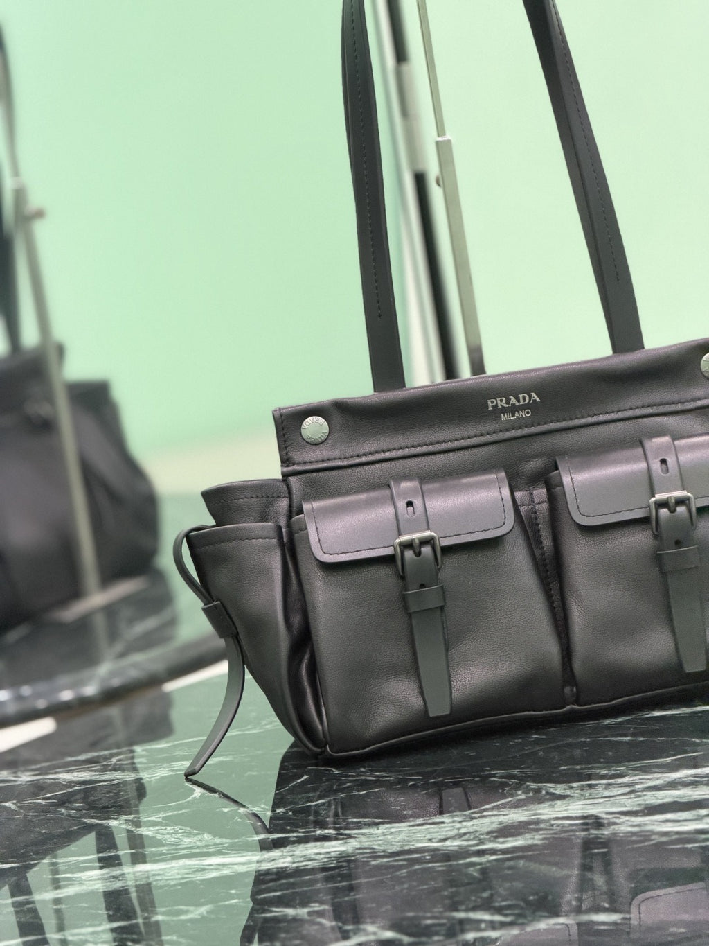 Black Prada Route Medium Leather Tote Bag 7