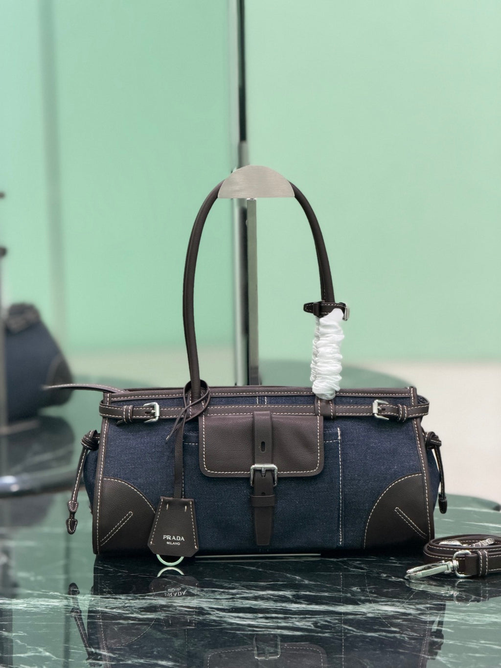 Blue Coffee Prada Bonnie Medium Denim And Leather Handbag 2