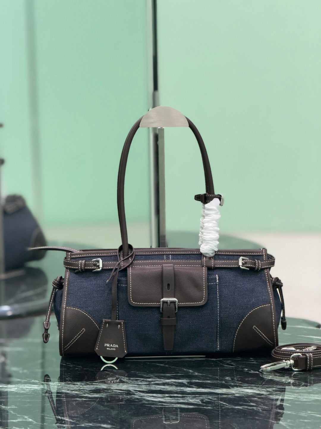 Blue Coffee Prada Bonnie Medium Denim And Leather Handbag 2