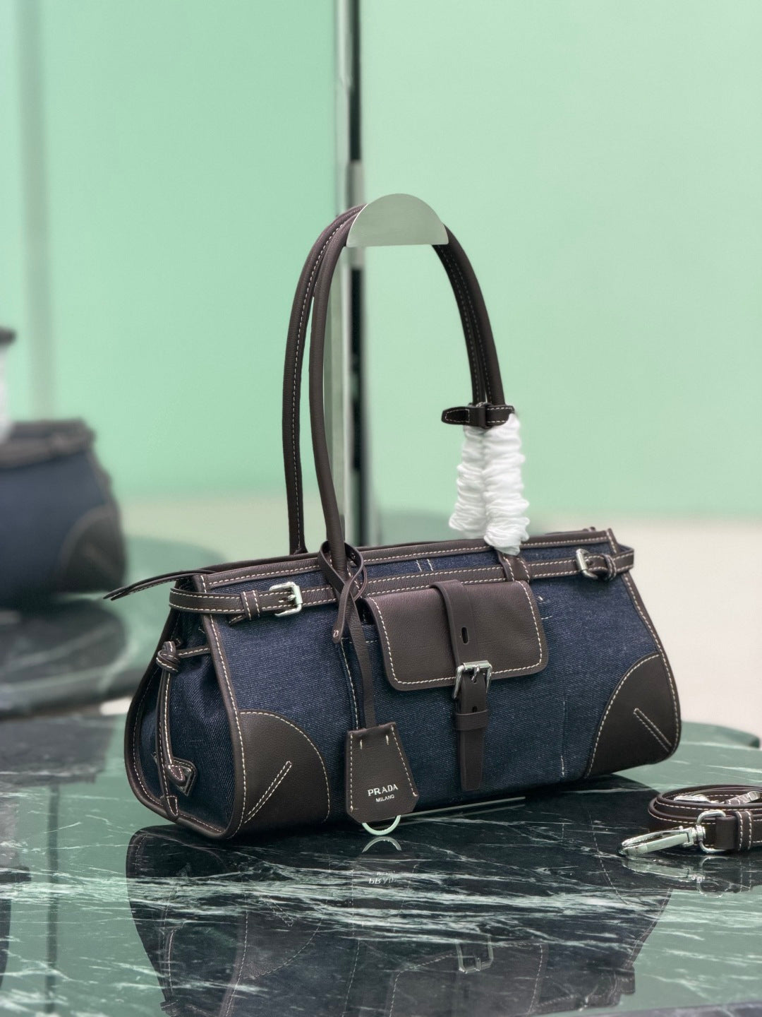 Blue Coffee Prada Bonnie Medium Denim And Leather Handbag 3