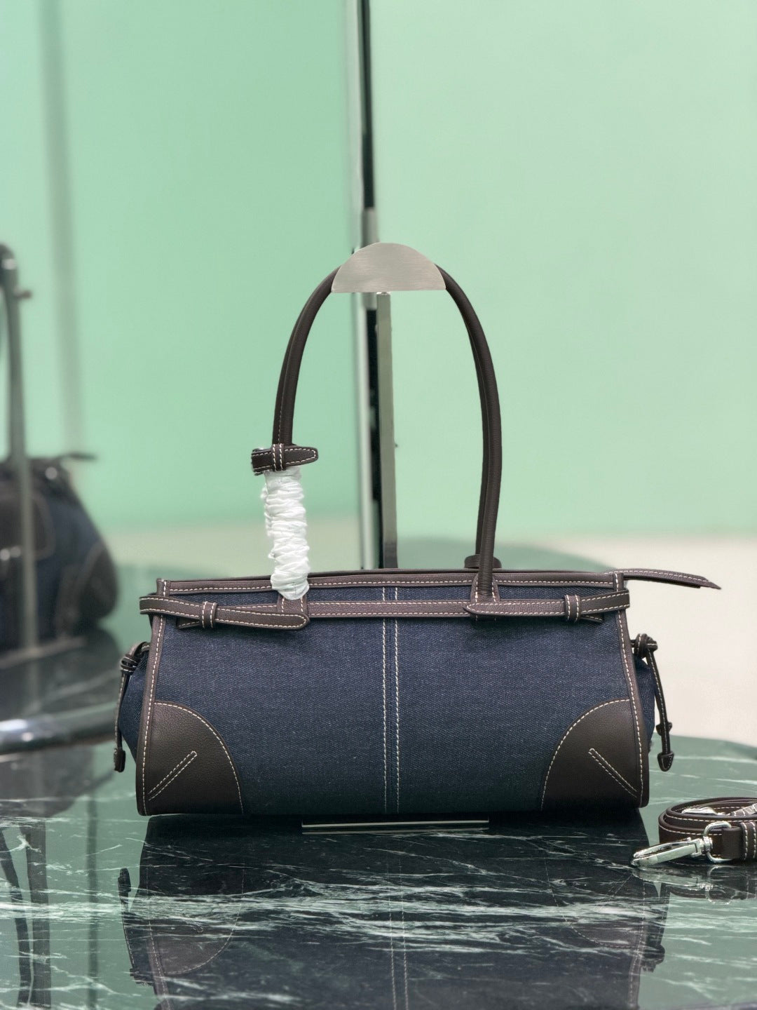 Blue Coffee Prada Bonnie Medium Denim And Leather Handbag 4