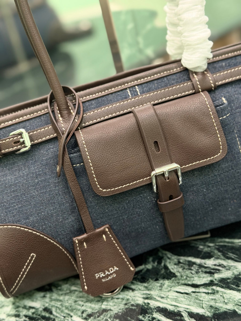 Blue Coffee Prada Bonnie Medium Denim And Leather Handbag 6