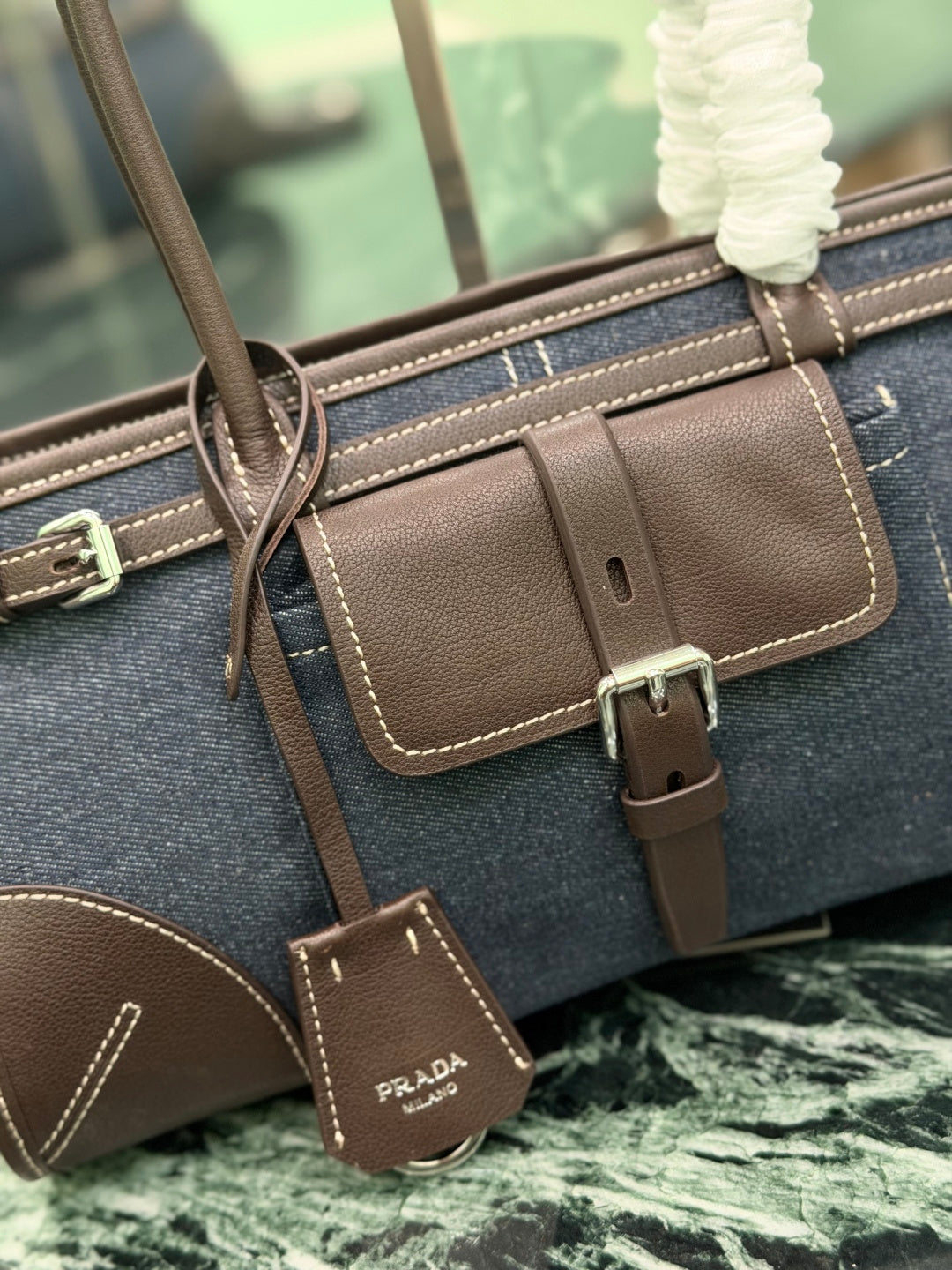 Blue Coffee Prada Bonnie Medium Denim And Leather Handbag 6