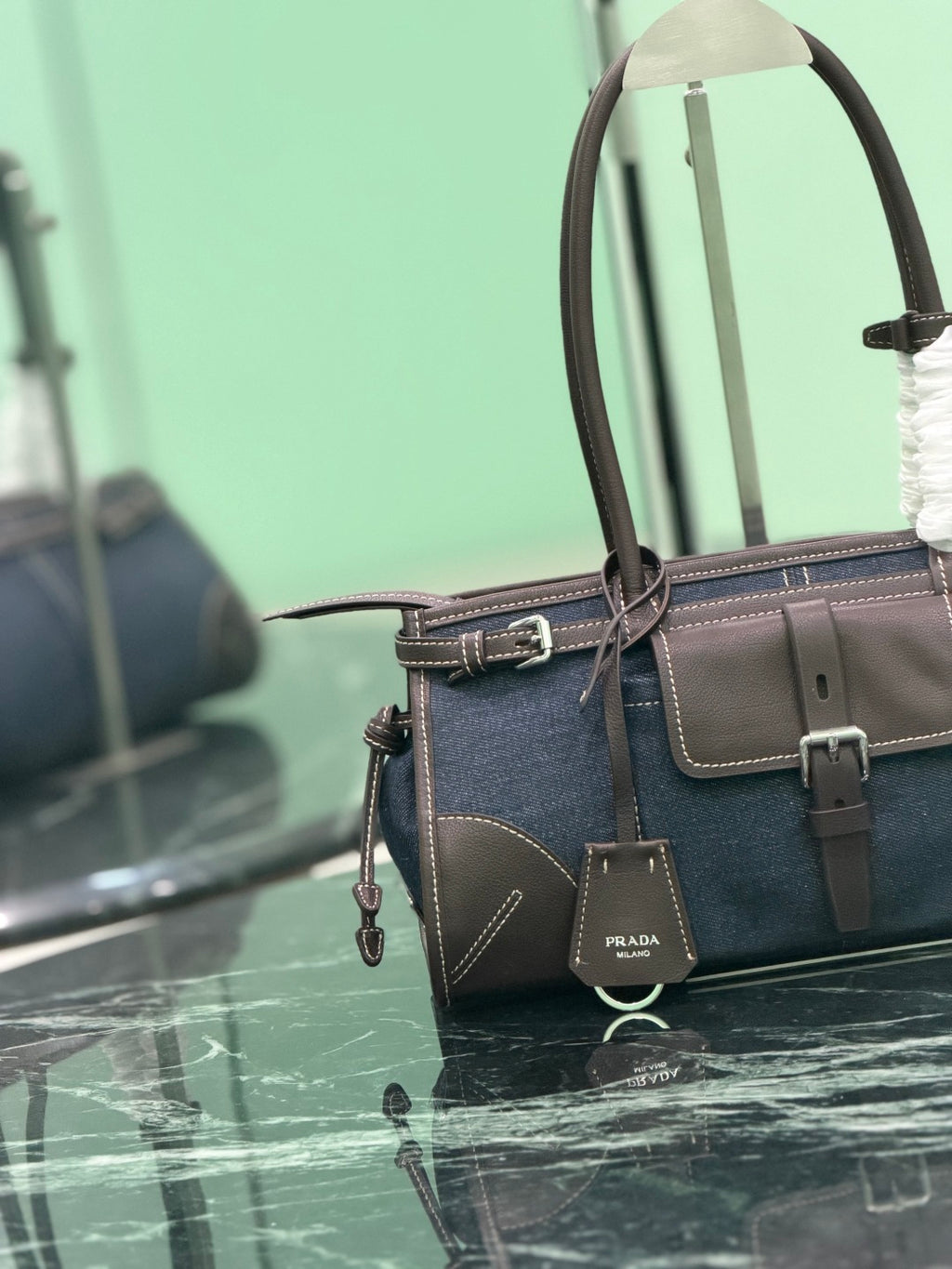 Blue Coffee Prada Bonnie Medium Denim And Leather Handbag 7