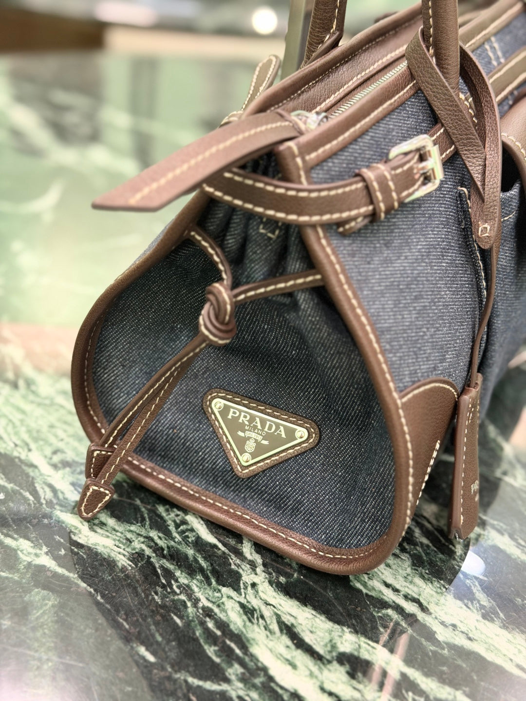 Blue Coffee Prada Bonnie Medium Denim And Leather Handbag 8