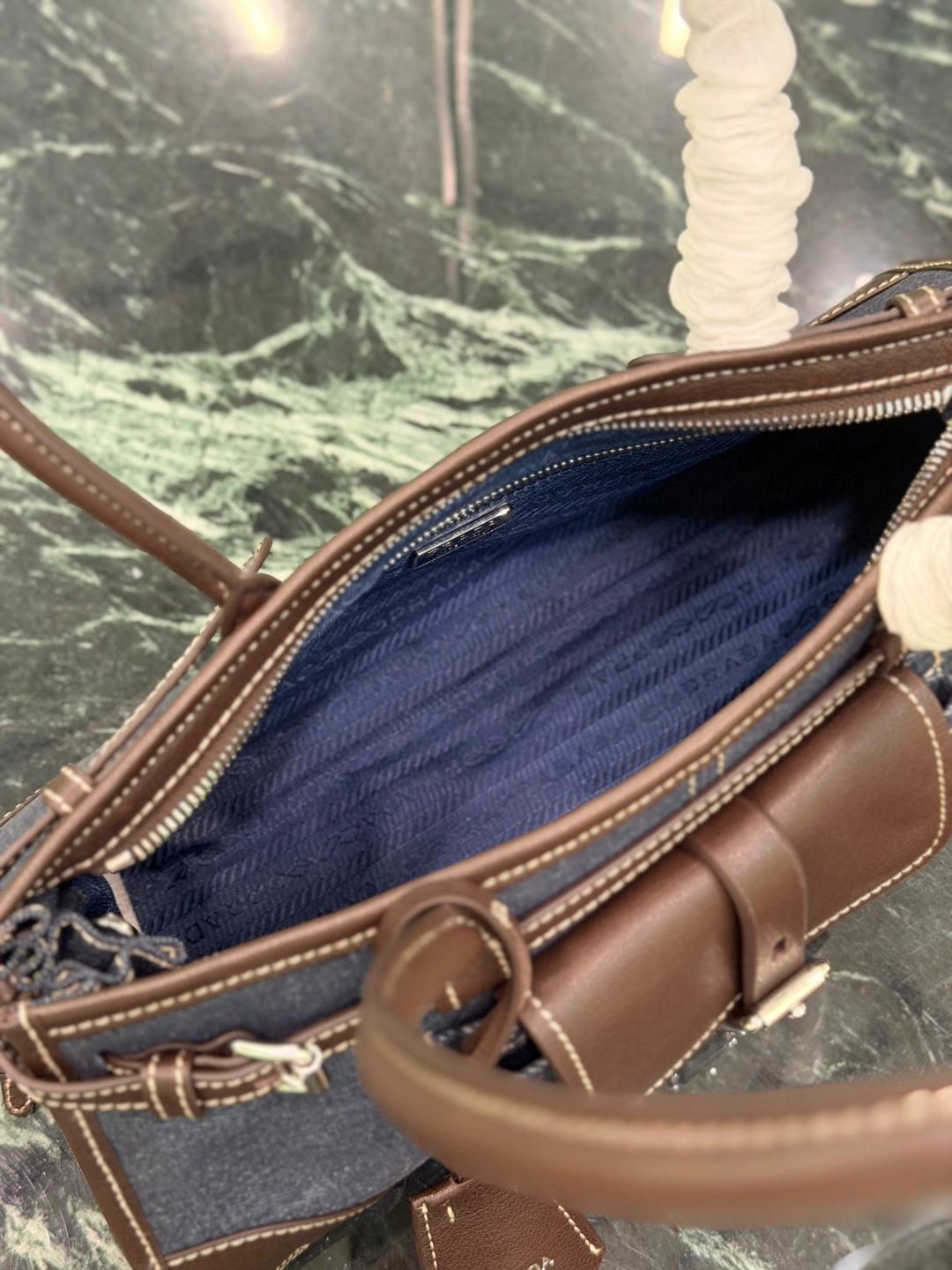 Blue Coffee Prada Bonnie Medium Denim And Leather Handbag 9