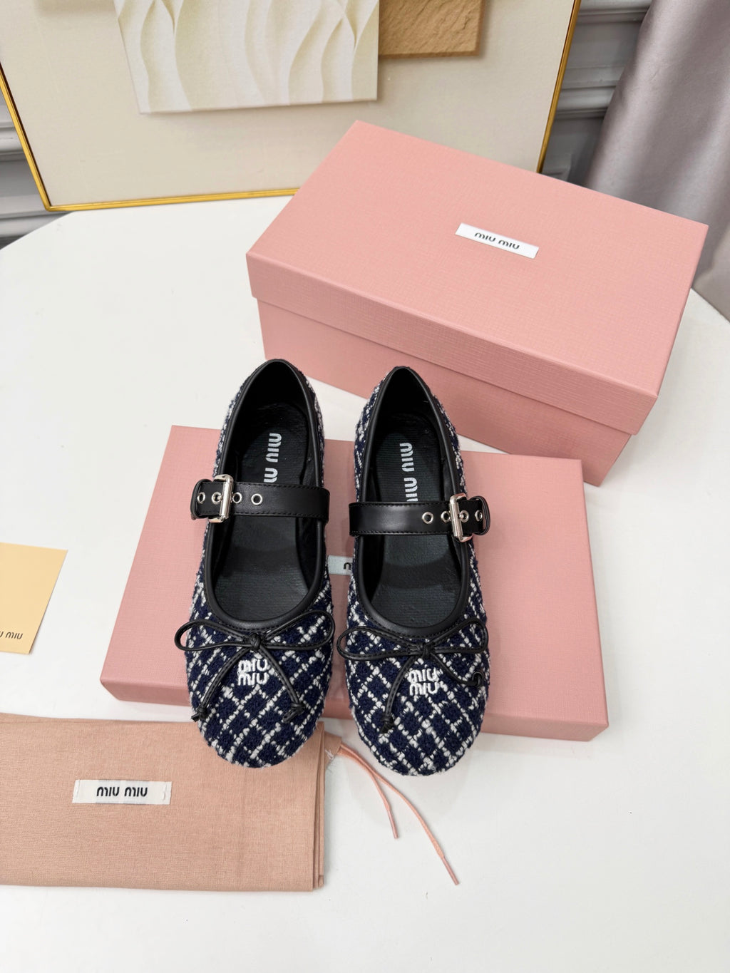 Blue Ivory Tweed Check Ballerinas