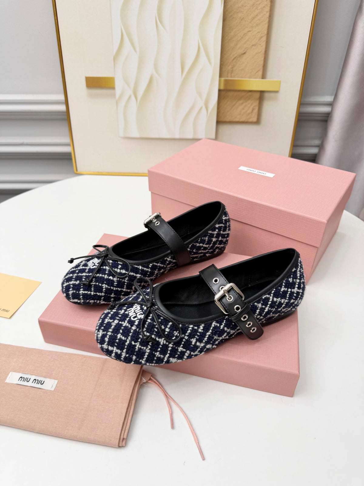Blue Ivory Tweed Check Ballerinas