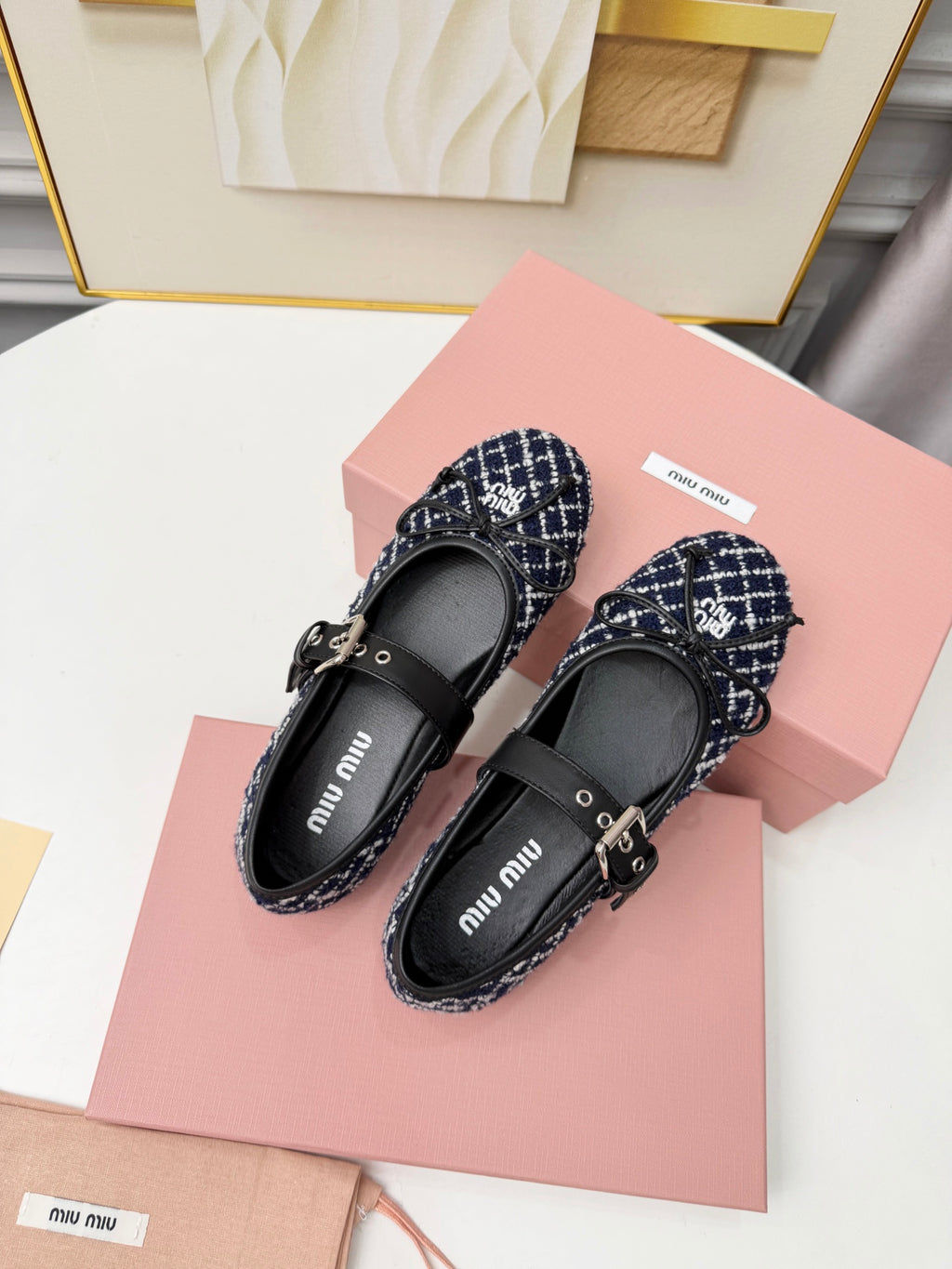 Blue Ivory Tweed Check Ballerinas