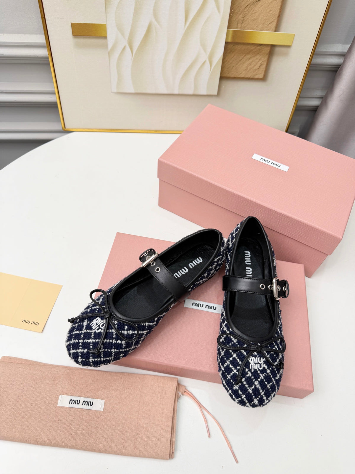 Blue Ivory Tweed Check Ballerinas