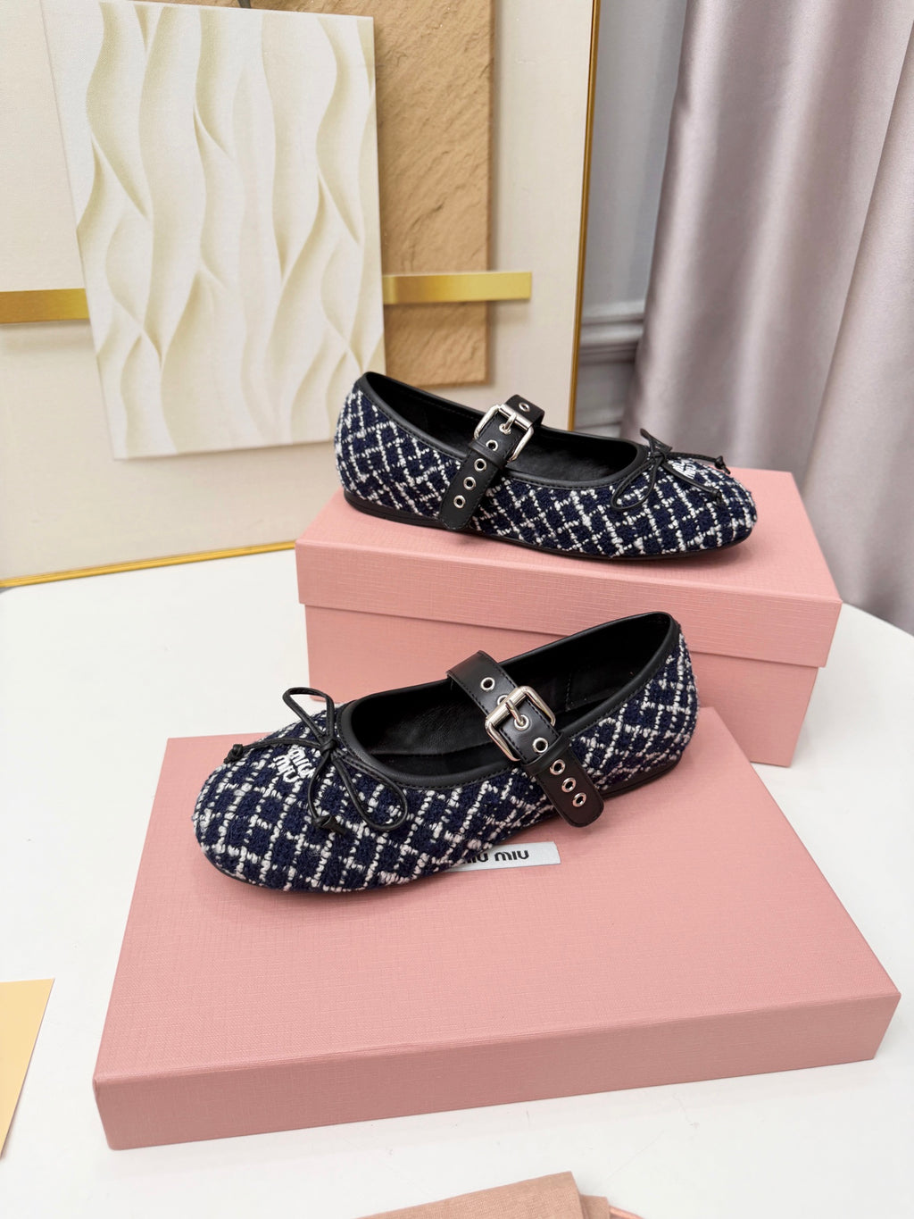 Blue Ivory Tweed Check Ballerinas