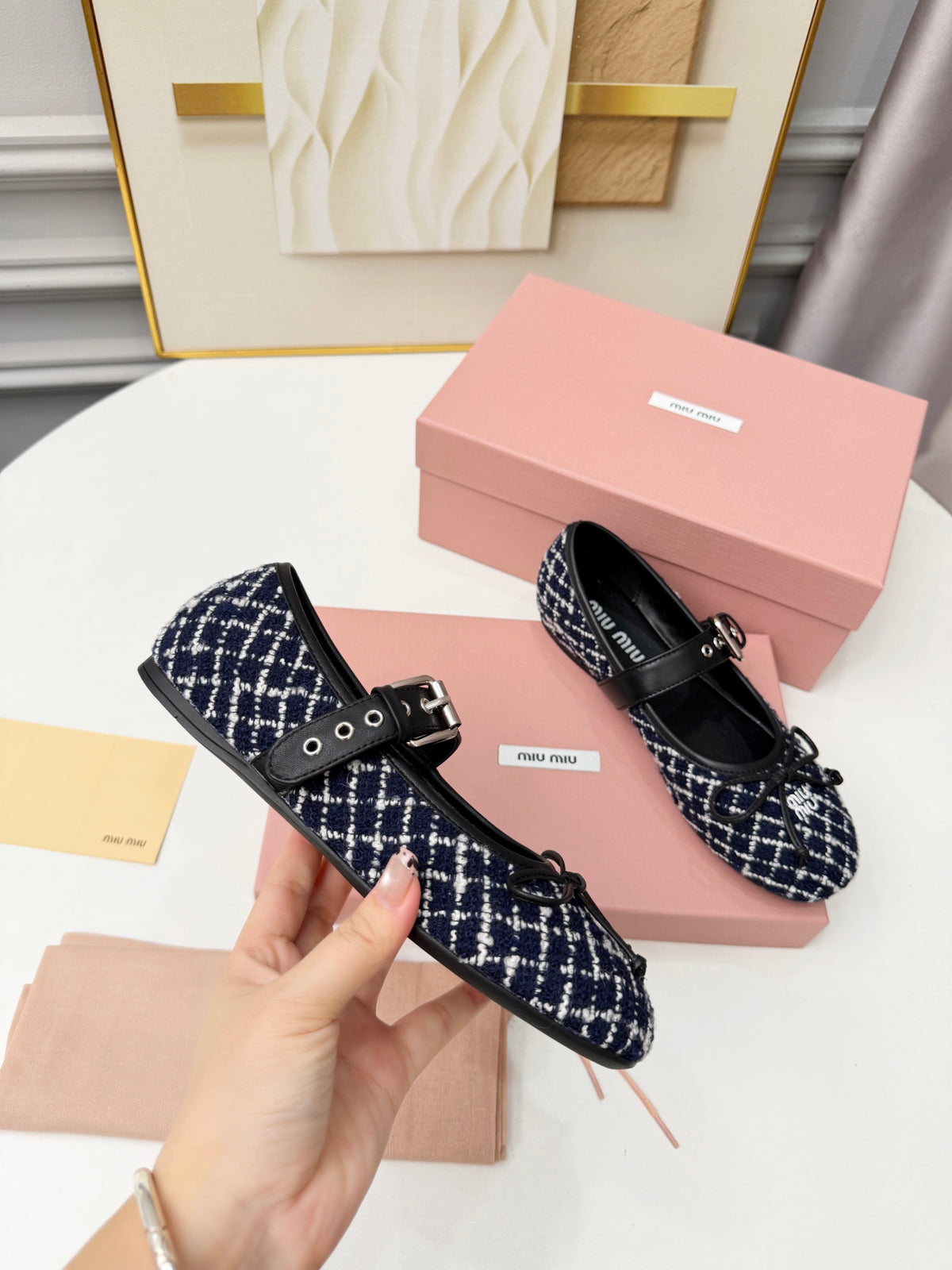 Blue Ivory Tweed Check Ballerinas