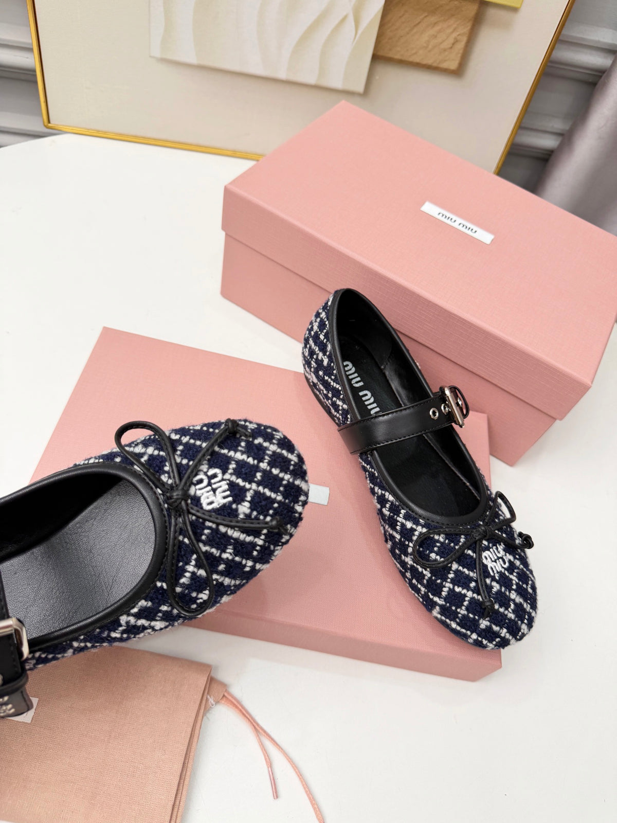Blue Ivory Tweed Check Ballerinas