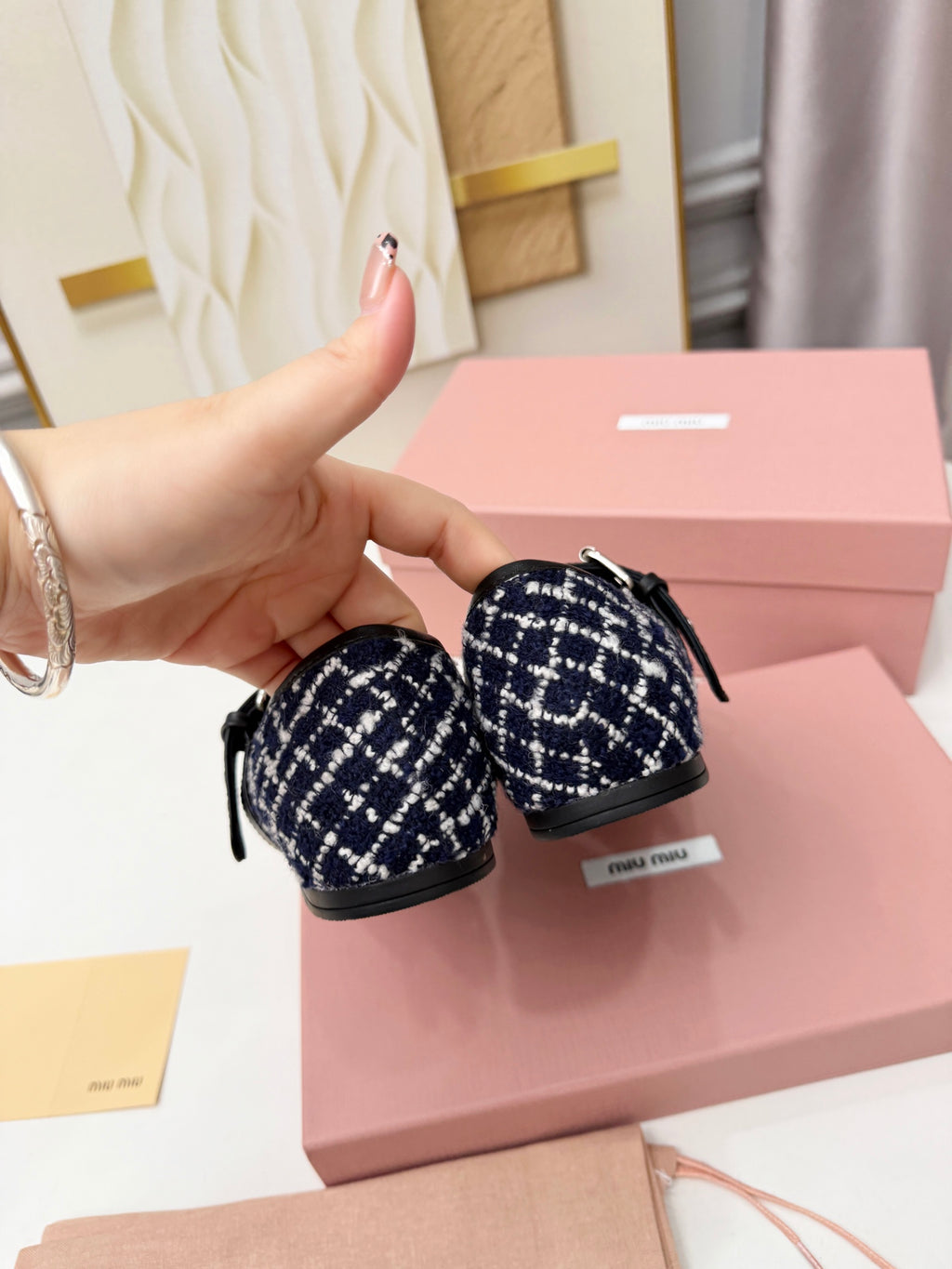 Blue Ivory Tweed Check Ballerinas