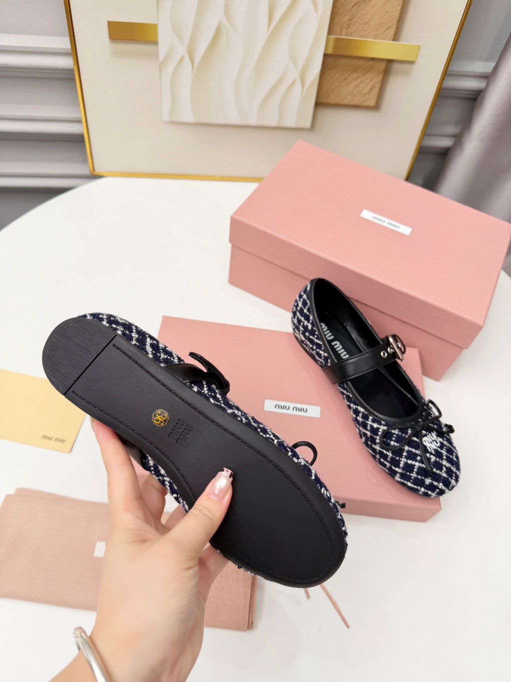 Blue Ivory Tweed Check Ballerinas