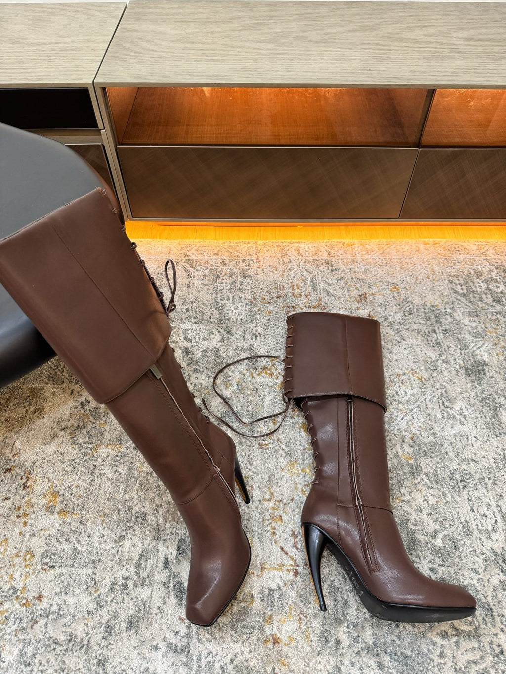 Brown Horn Heel Knee-High Boot - 05