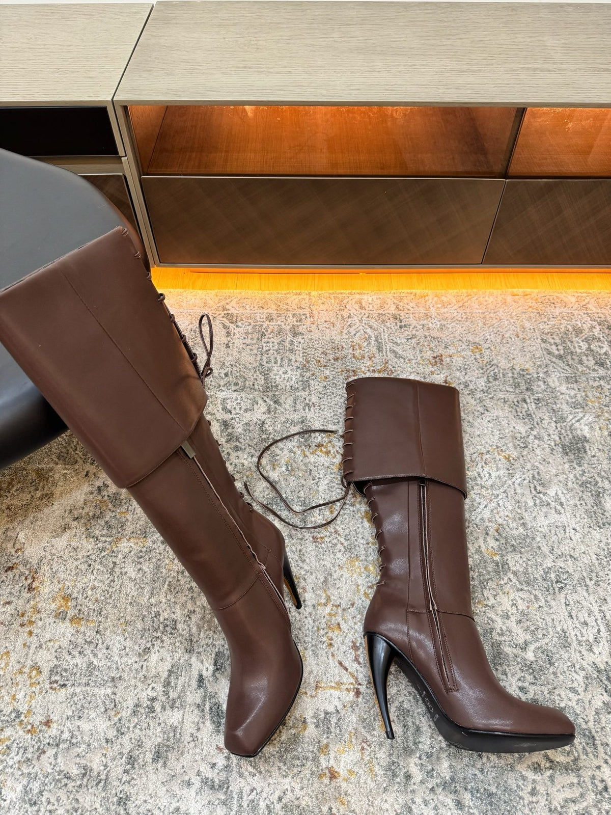 Brown Horn Heel Knee-High Boot - 05