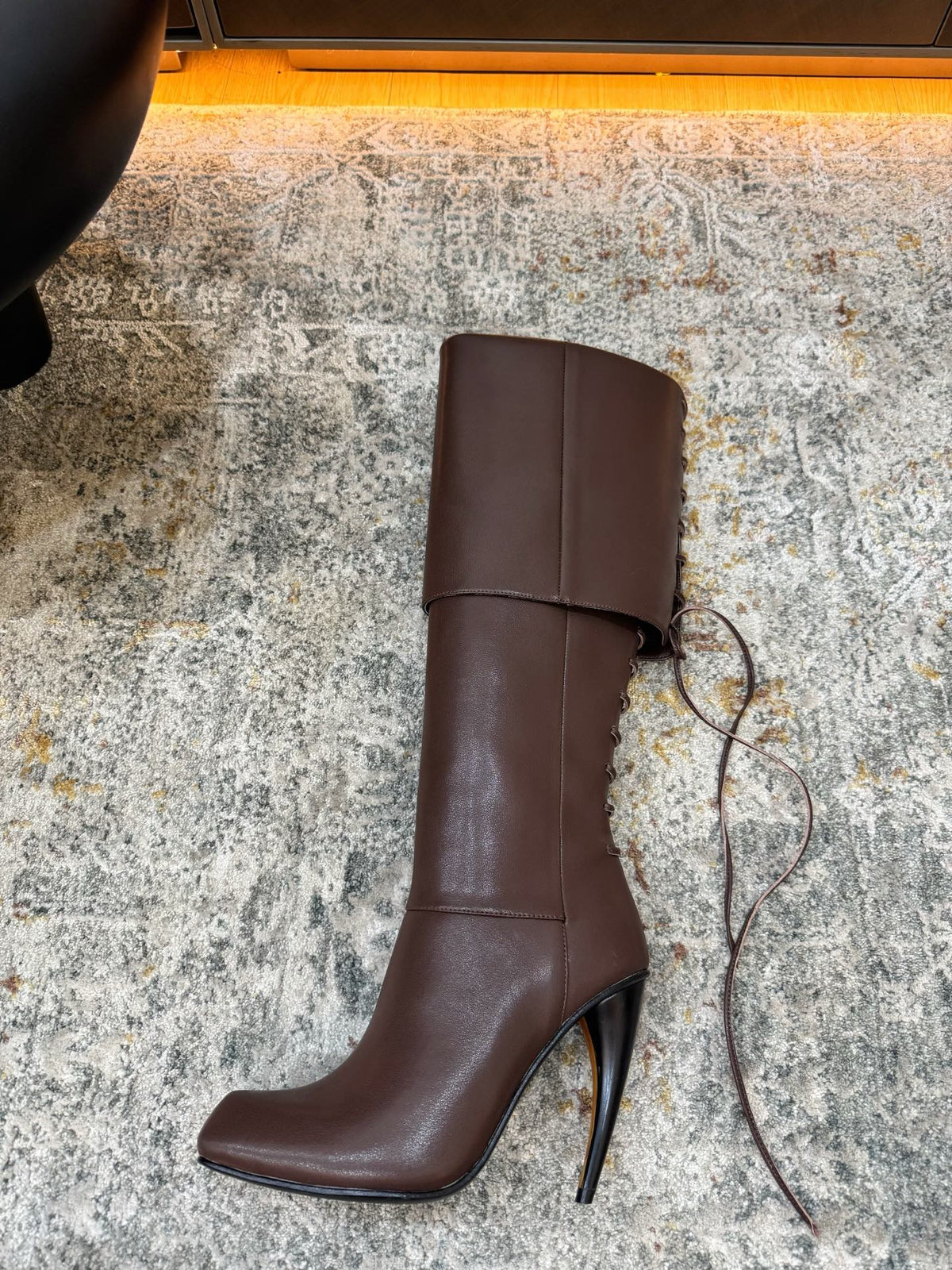 Brown Horn Heel Knee-High Boot - 06