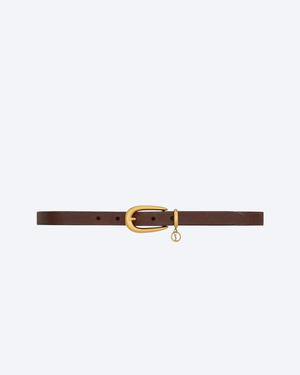 Burnt Chocolate Cassandre Charm Elongated Buckle Thin Belt In Leather