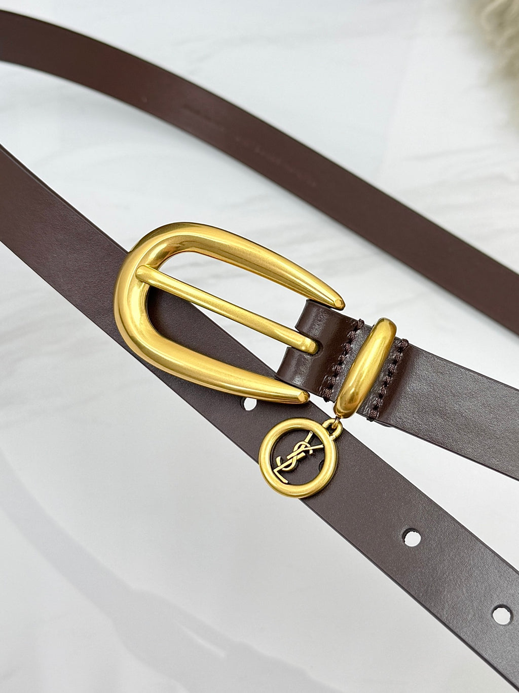 Burnt Chocolate Cassandre Charm Elongated Buckle Thin Belt In Leather
