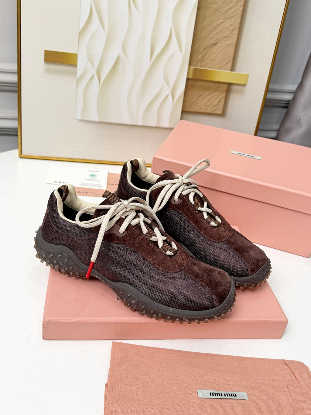 Dark Brown Bubble Technical Fabric & Suede Sneakers