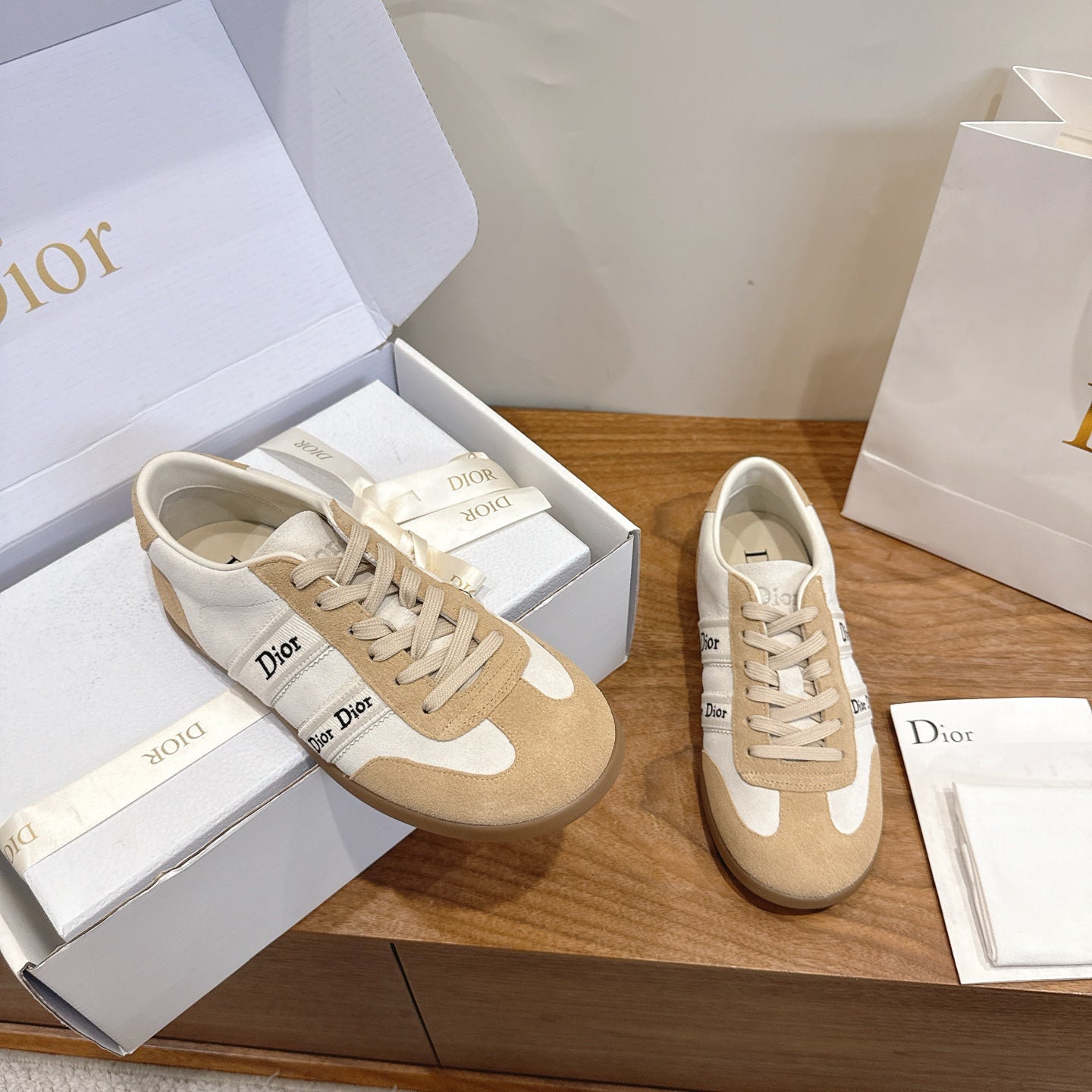 White & Beige Suede Ribbon Sneaker