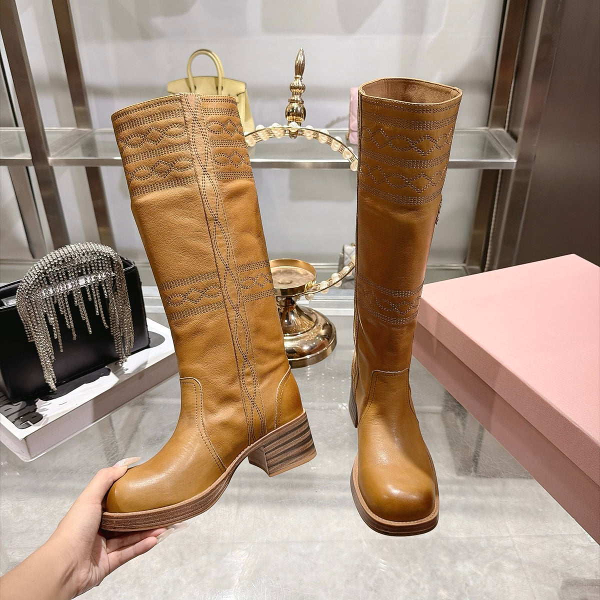 Light Tan Embroidered Leather Boots
