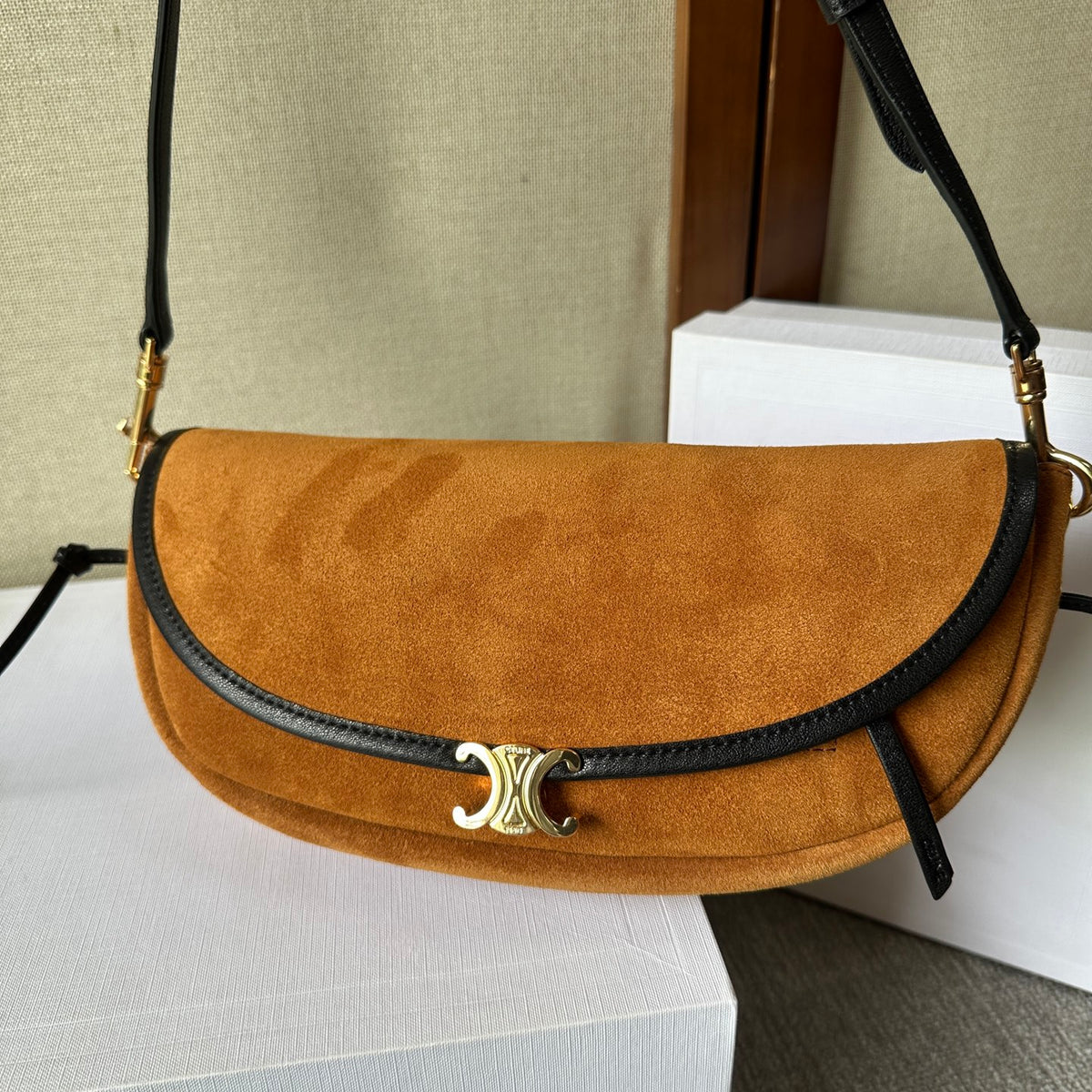 Camel / Black Soft Triomphe Little Halfmoon In Suede